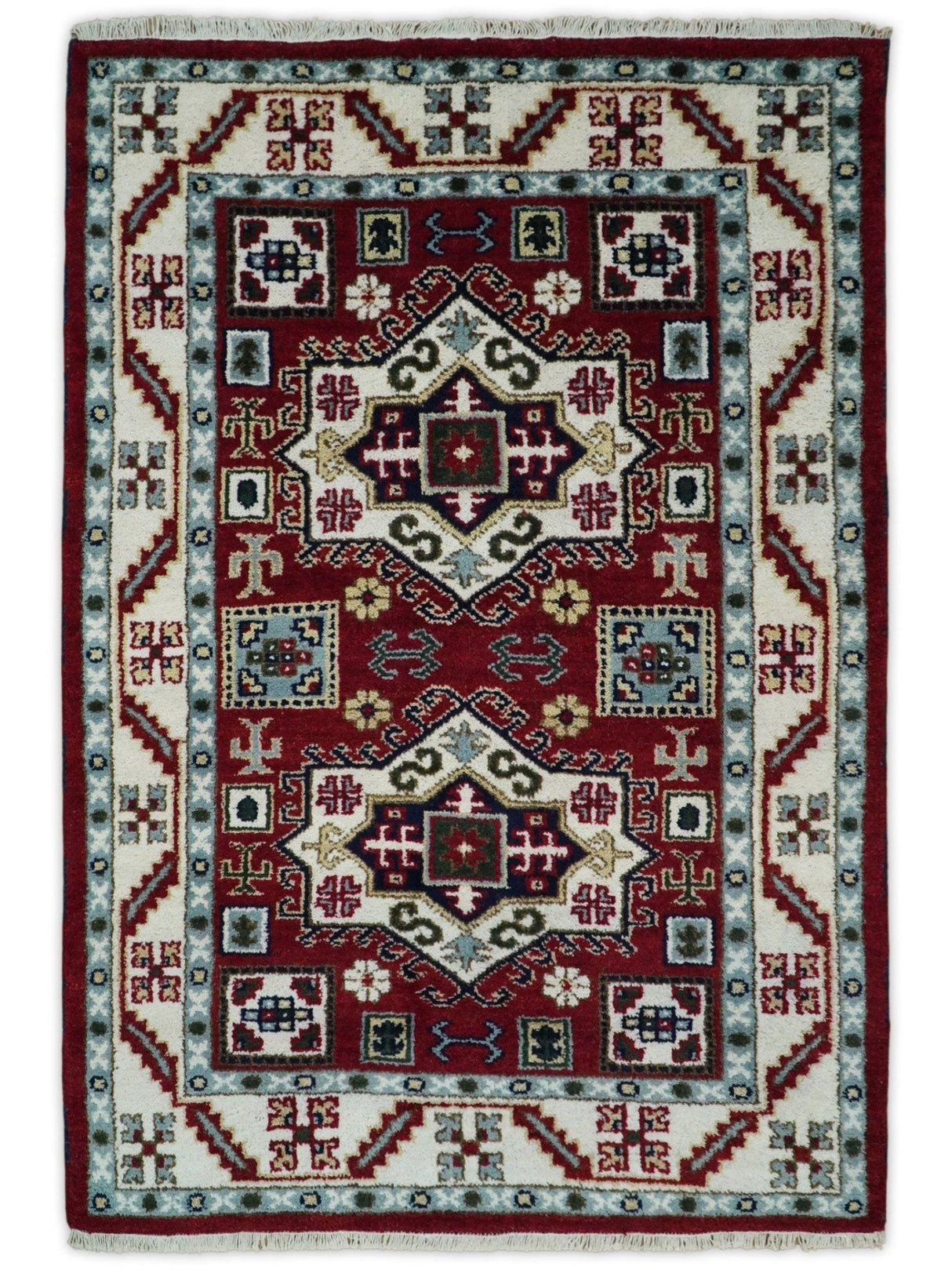4x6 Hand Knotted Traditional Kazak Maroon And Blue Wool Area Rug