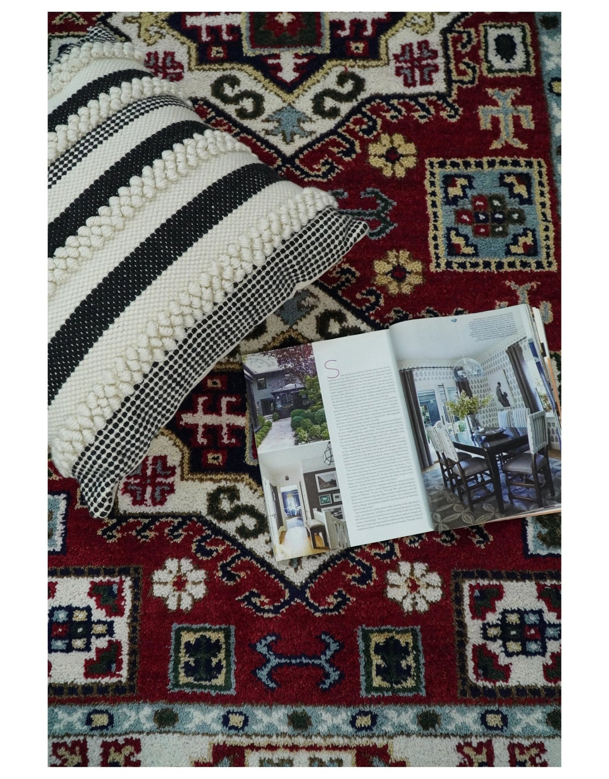 4x6 Hand Knotted Traditional Kazak Maroon And Blue Wool Area Rug