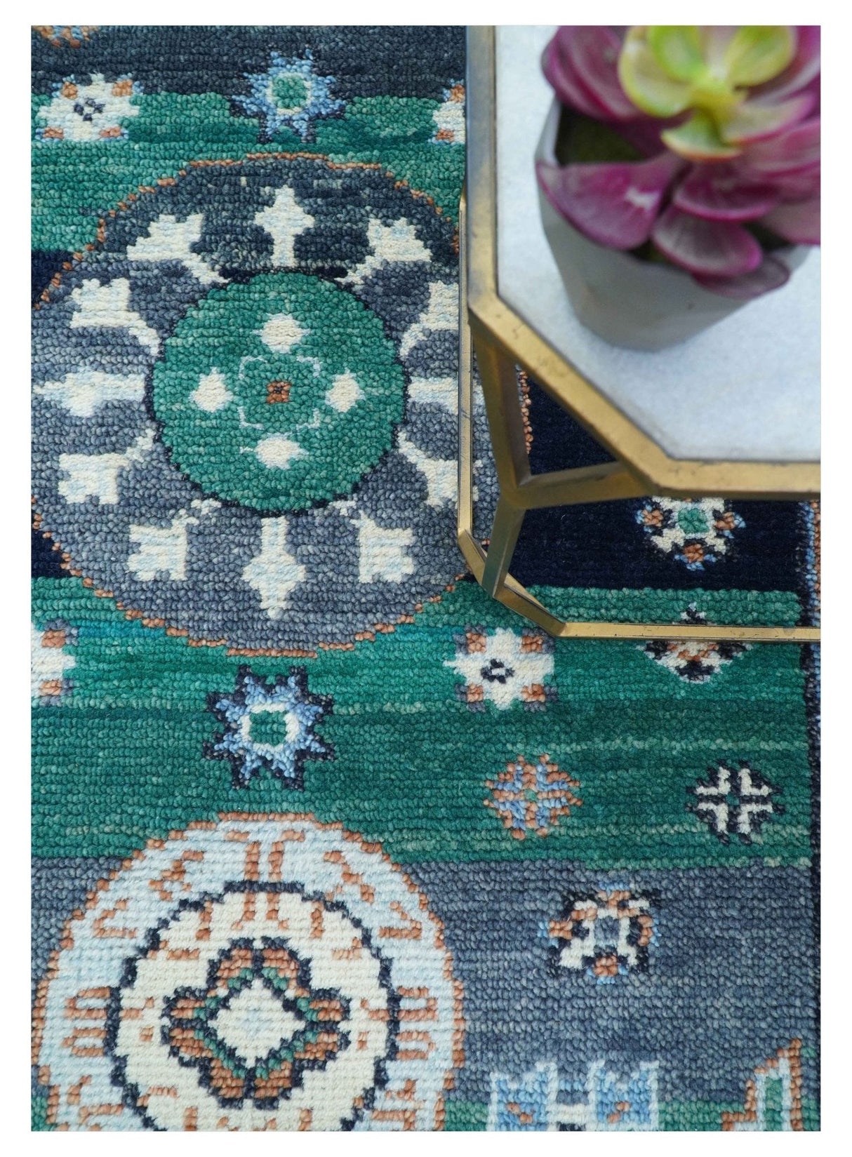 4x6 Hand knotted Traditional Khotan Design Teal And Ivory Wool Rug