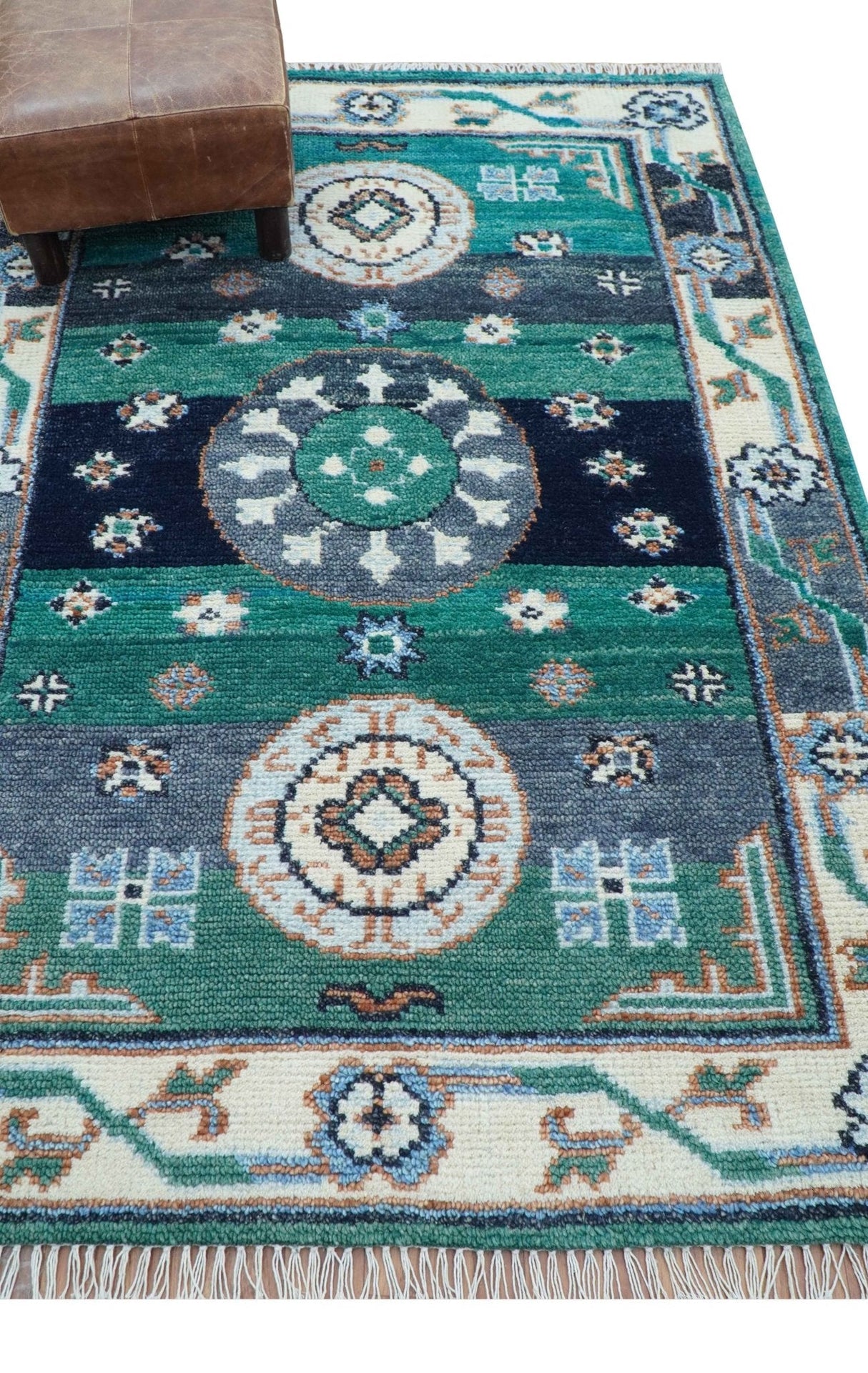4x6 Hand knotted Traditional Khotan Design Teal And Ivory Wool Rug
