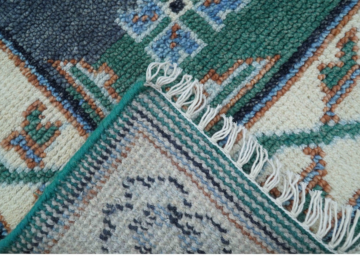 4x6 Hand knotted Traditional Khotan Design Teal And Ivory Wool Rug