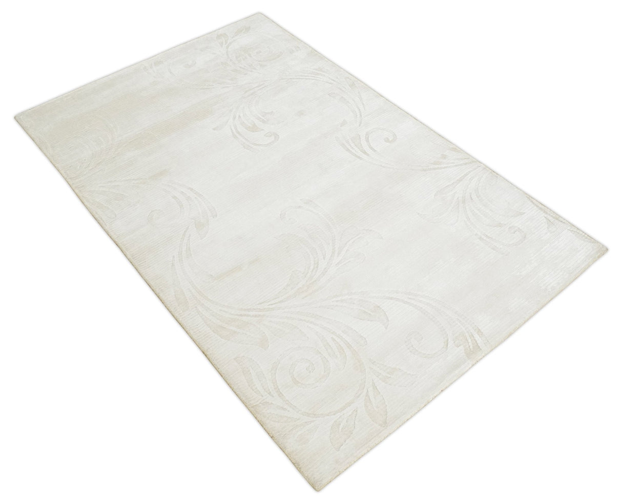4x6 Hand Woven and Carved Silver and Ivory Floral Art Silk Rug | KNT5-Area Rug-Parc Decor