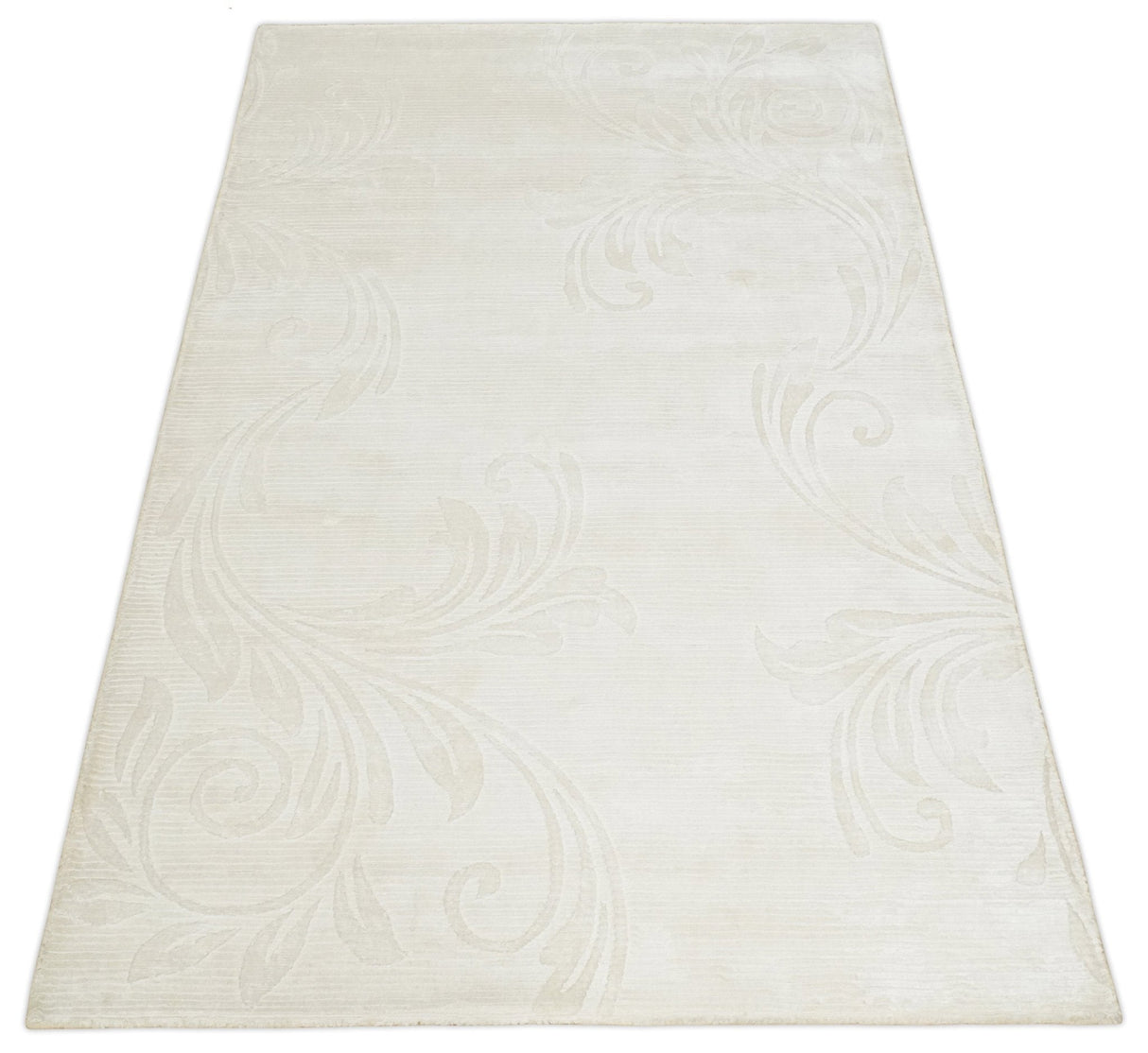 4x6 Hand Woven and Carved Silver and Ivory Floral Art Silk Rug | KNT5-Area Rug-Parc Decor