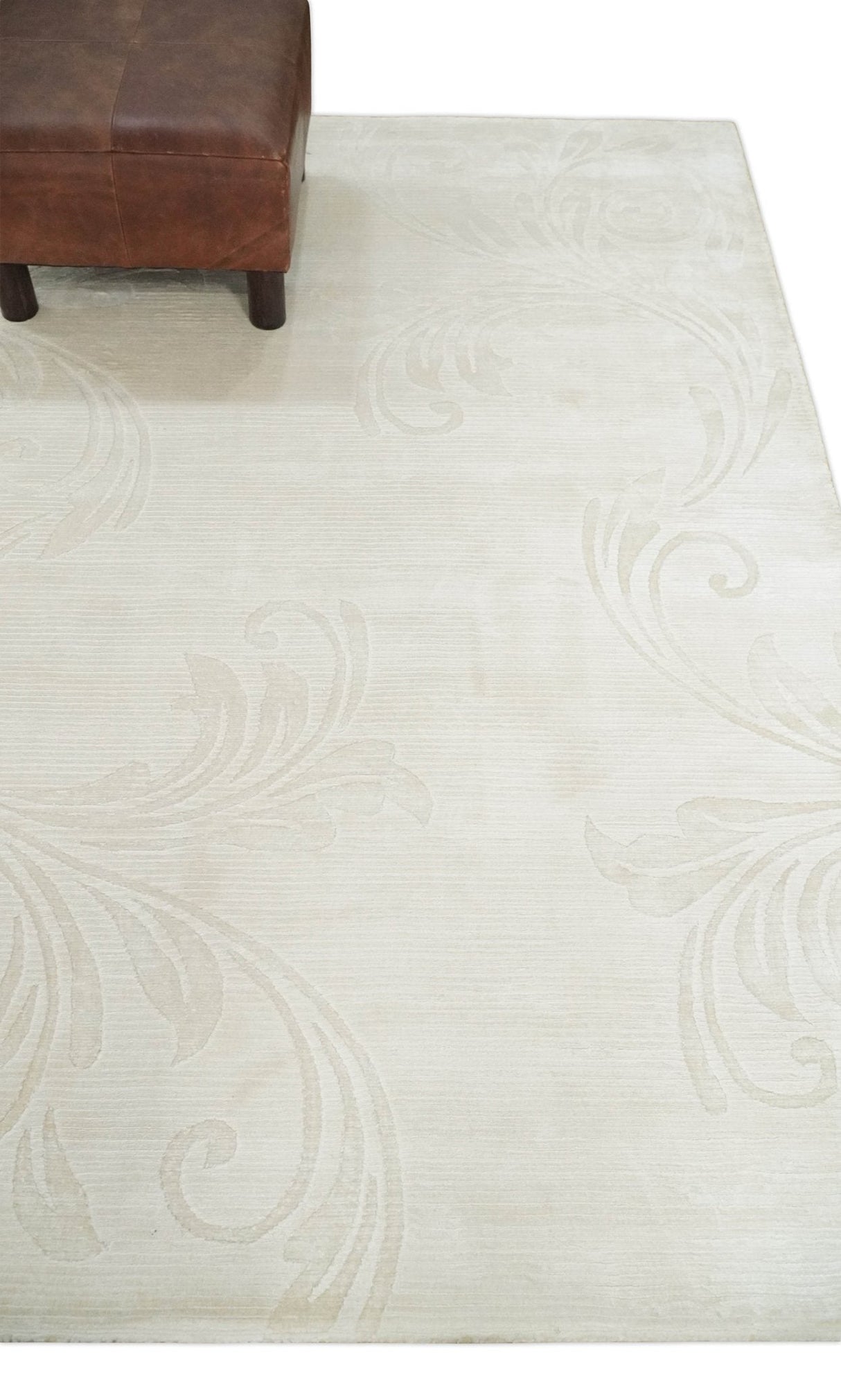 4x6 Hand Woven and Carved Silver and Ivory Floral Art Silk Rug | KNT5-Area Rug-Parc Decor