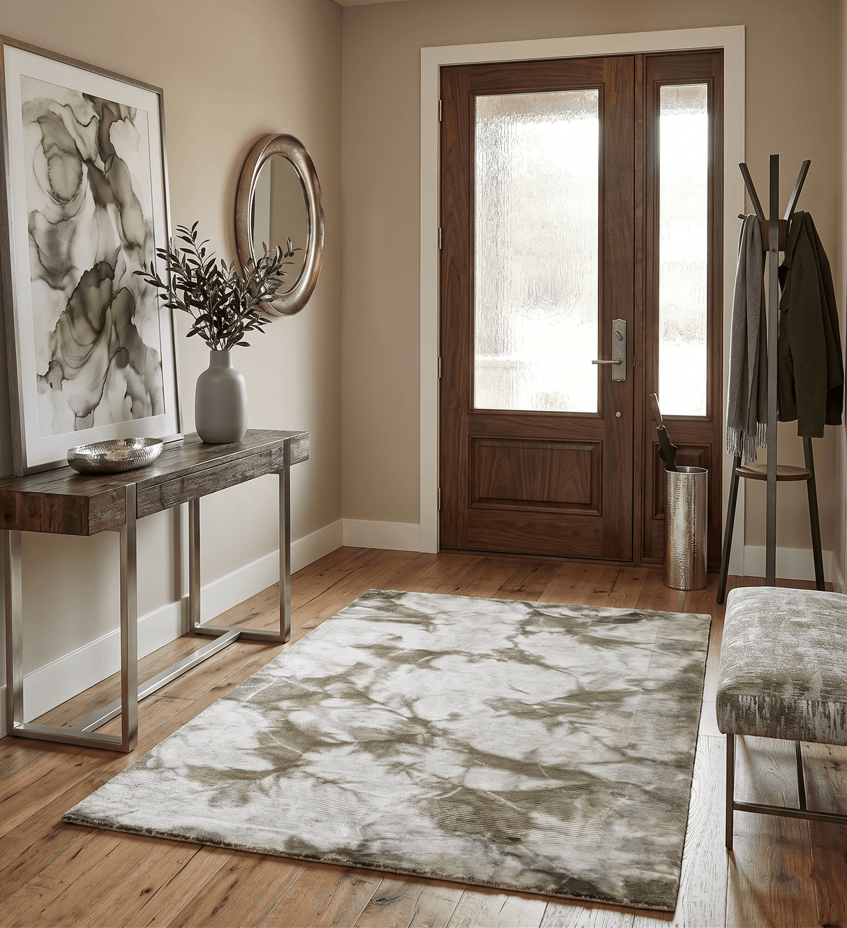 4x6 Modern Abstract Hand Woven Silver and Olive Art Silk Rug
