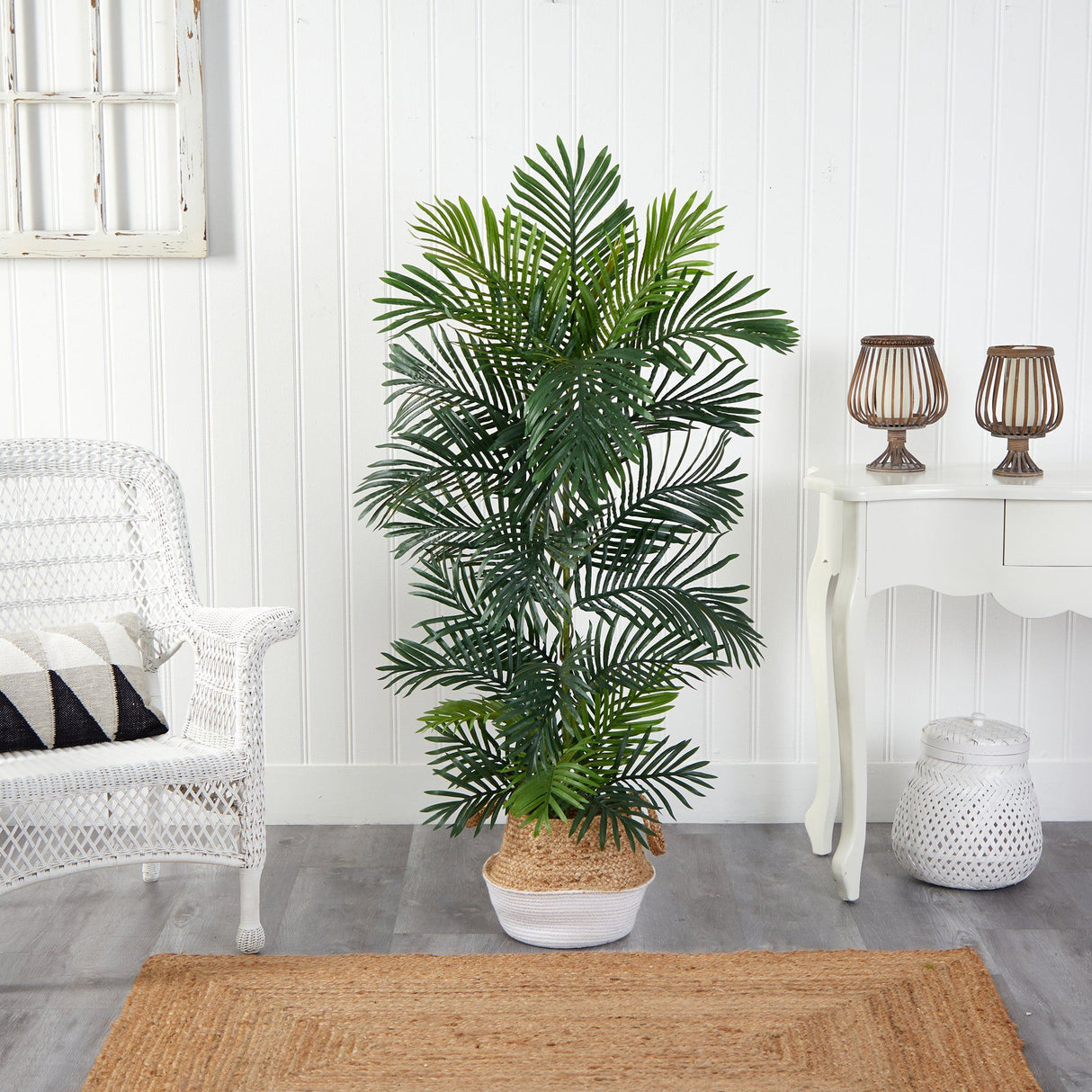 5’ Areca Palm Tree in Boho Chic Handmade Cotton & Jute White Woven Planter UV Resistant-Parc Decor