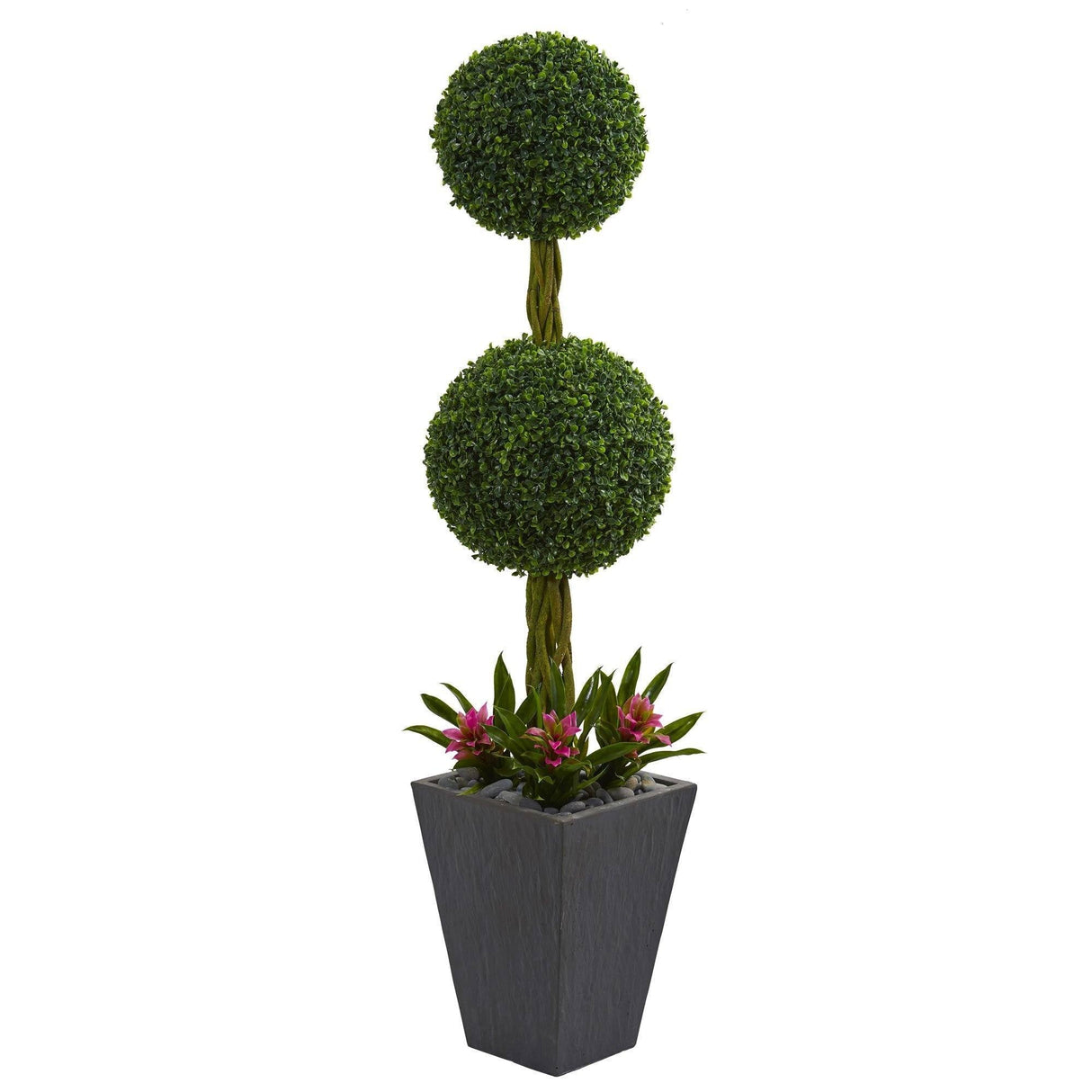 5’ Double Boxwood Ball Topiary Artificial Tree in Slate Planter (Indoor/Outdoor)-Parc Decor