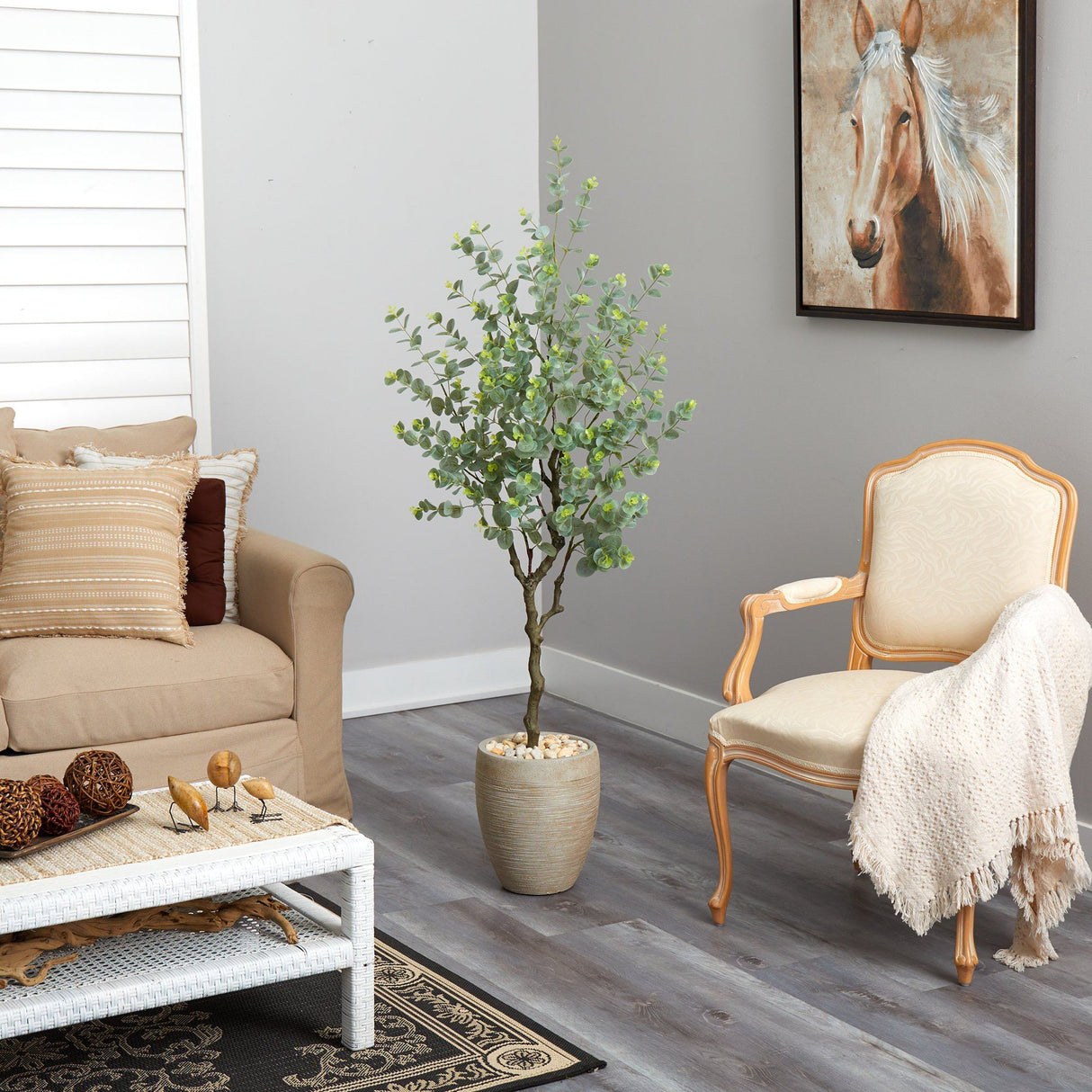 5’ Eucalyptus Artificial Tree in Sandstone Planter-Parc Decor