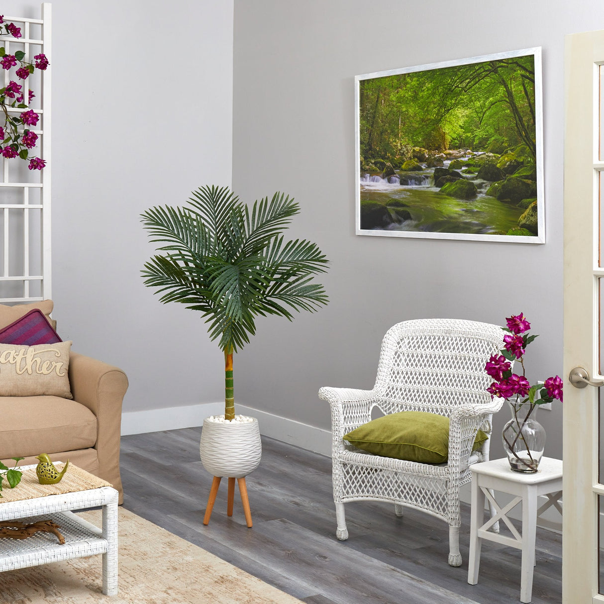 5’ Golden Cane Artificial Palm Tree in White Planter with Stand-Parc Decor