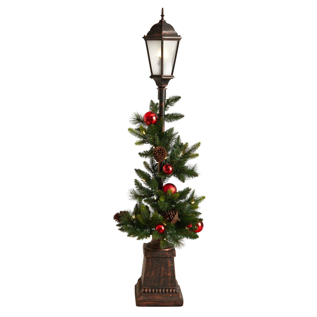 5' Holiday Decorated Lamp Post with Greenery, Ornaments and 50 LED Lights-Parc Decor