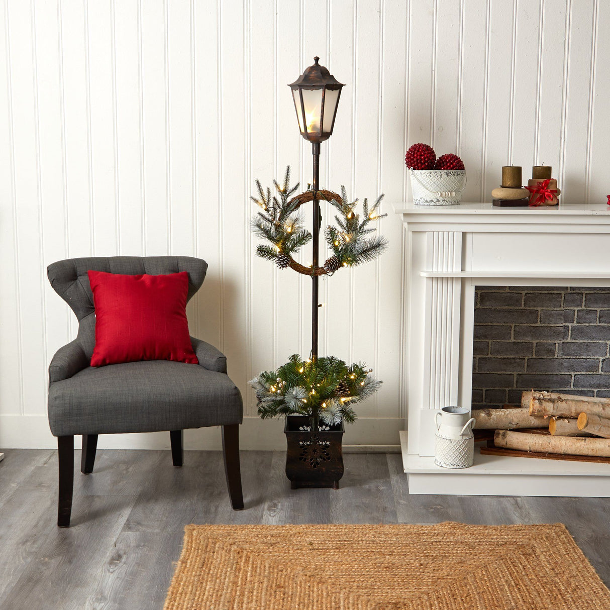 5’ Holiday Pre-lit Decorated Lamp Post with Greenery, Decorative Container and 50 LED Lights-Parc Decor