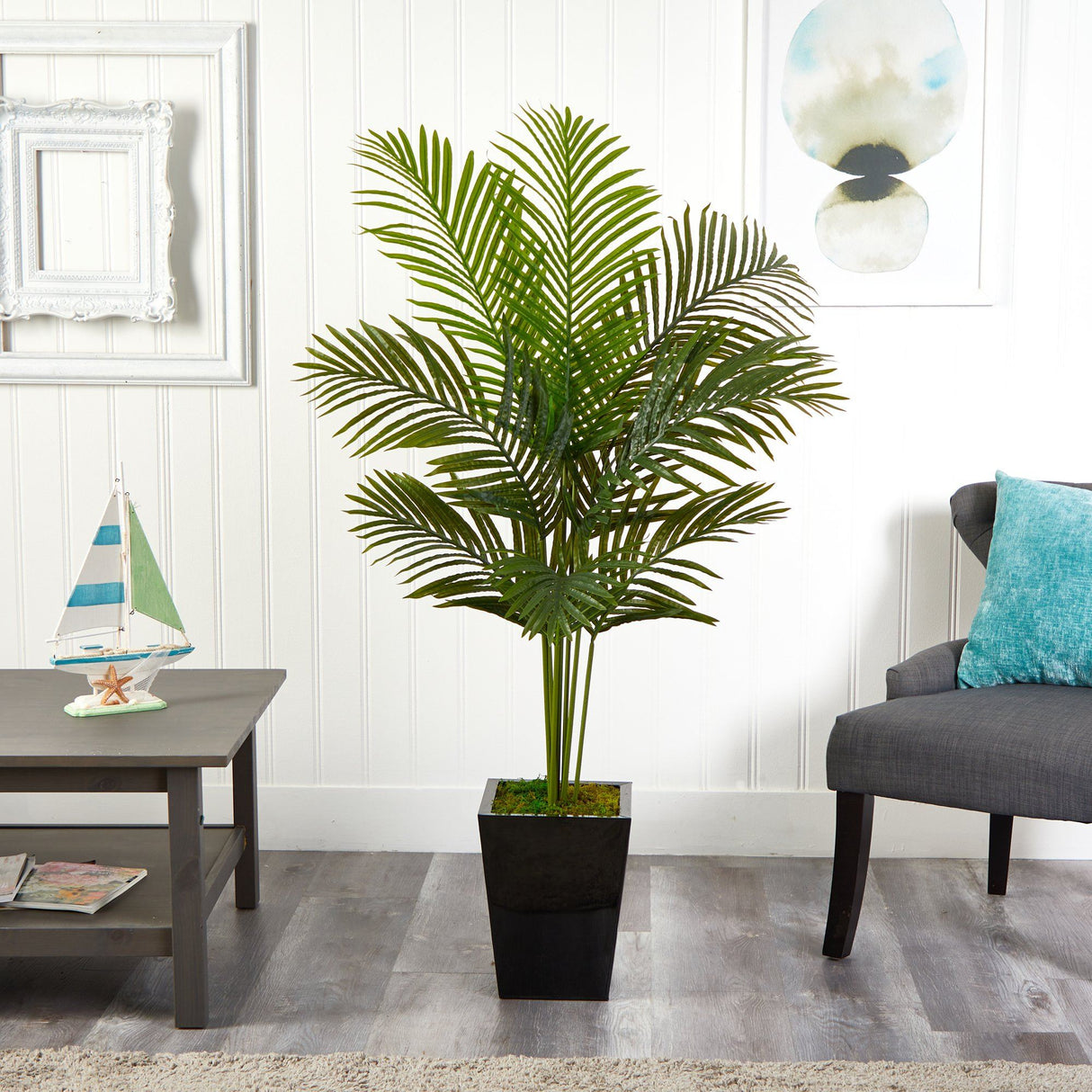 5’ Paradise Palm Artificial Tree in Black Metal Planter-Parc Decor