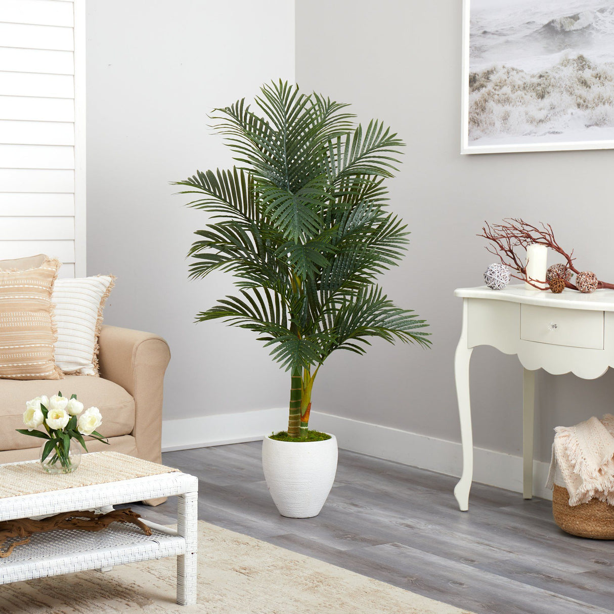 5’ Paradise Palm Artificial Tree in White Planter with Faux Moss-Parc Decor