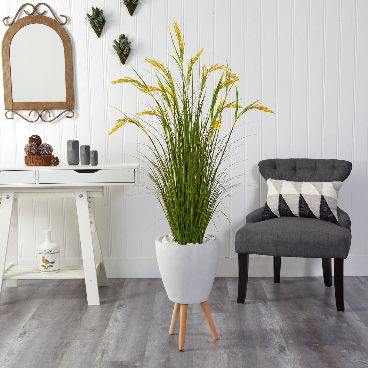 5” Wheat Grain Artificial Plant in White Planter with Legs-Parc Decor