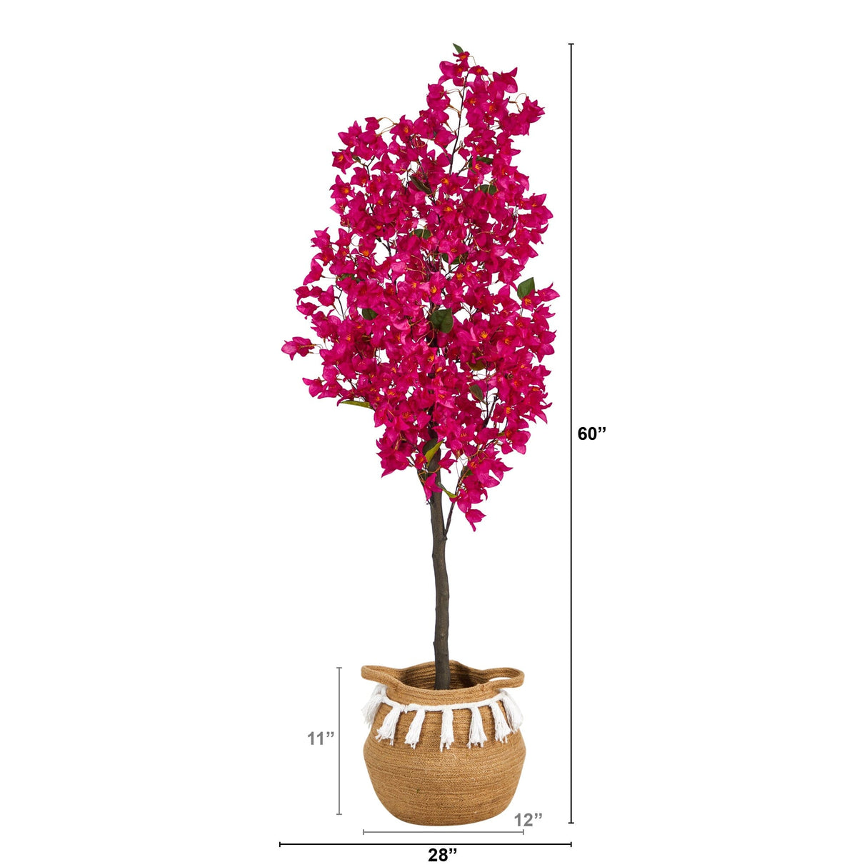 5’ Artificial Bougainvillea Tree with Handmade Jute & Cotton Basket with Tassels-Plant in Planter-Parc Decor