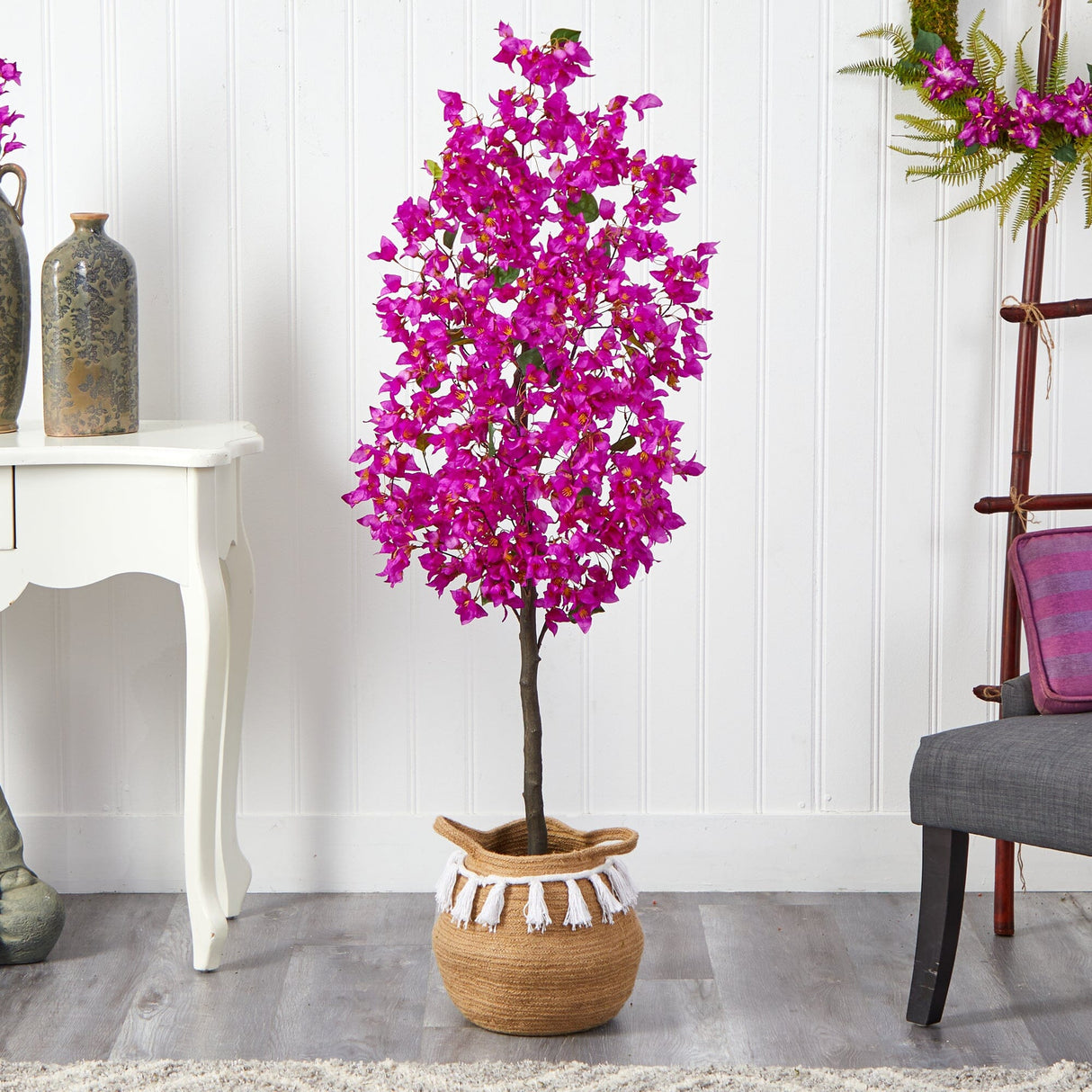 5’ Artificial Bougainvillea Tree with Handmade Jute & Cotton Basket with Tassels-Plant in Planter-Parc Decor