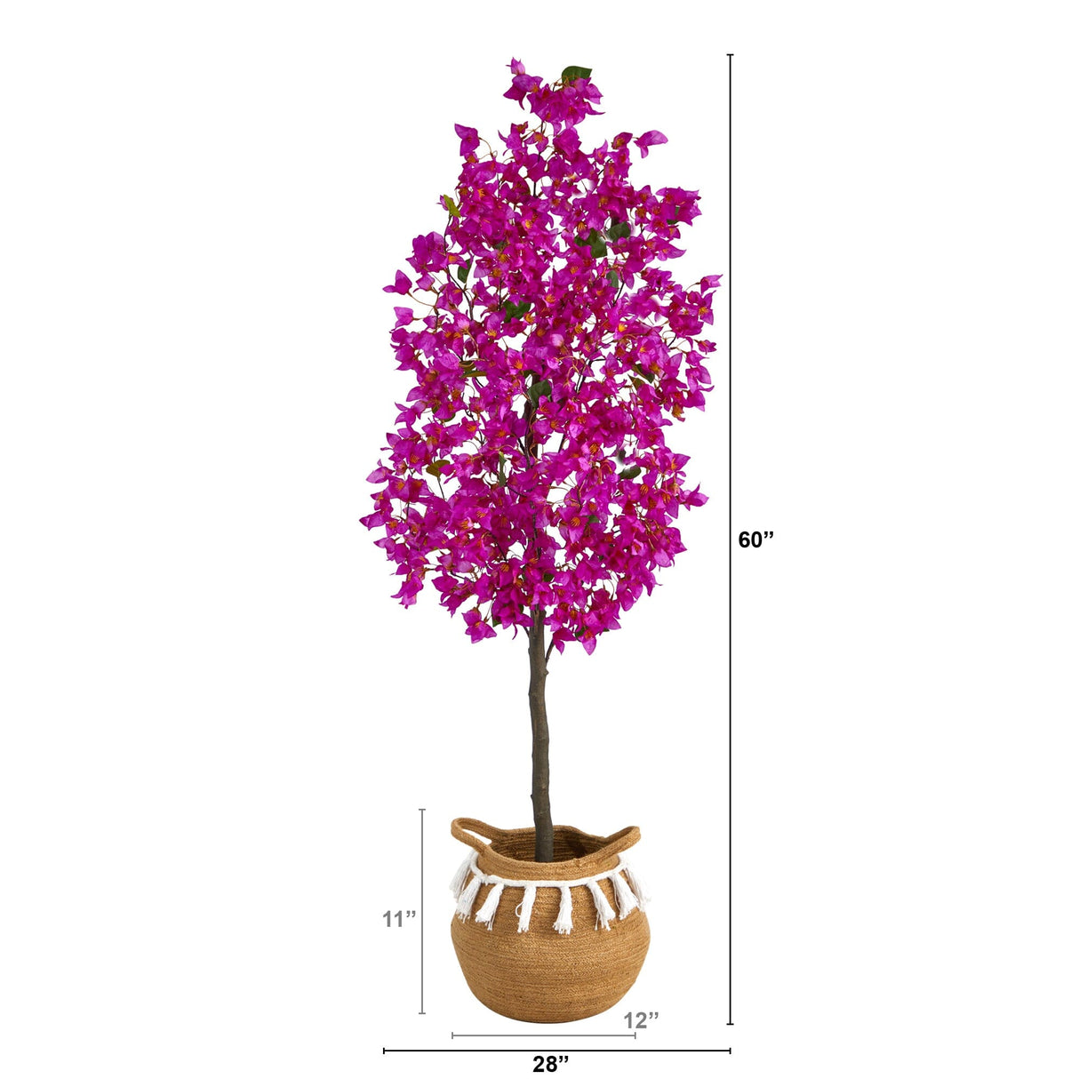 5’ Artificial Bougainvillea Tree with Handmade Jute & Cotton Basket with Tassels-Plant in Planter-Parc Decor