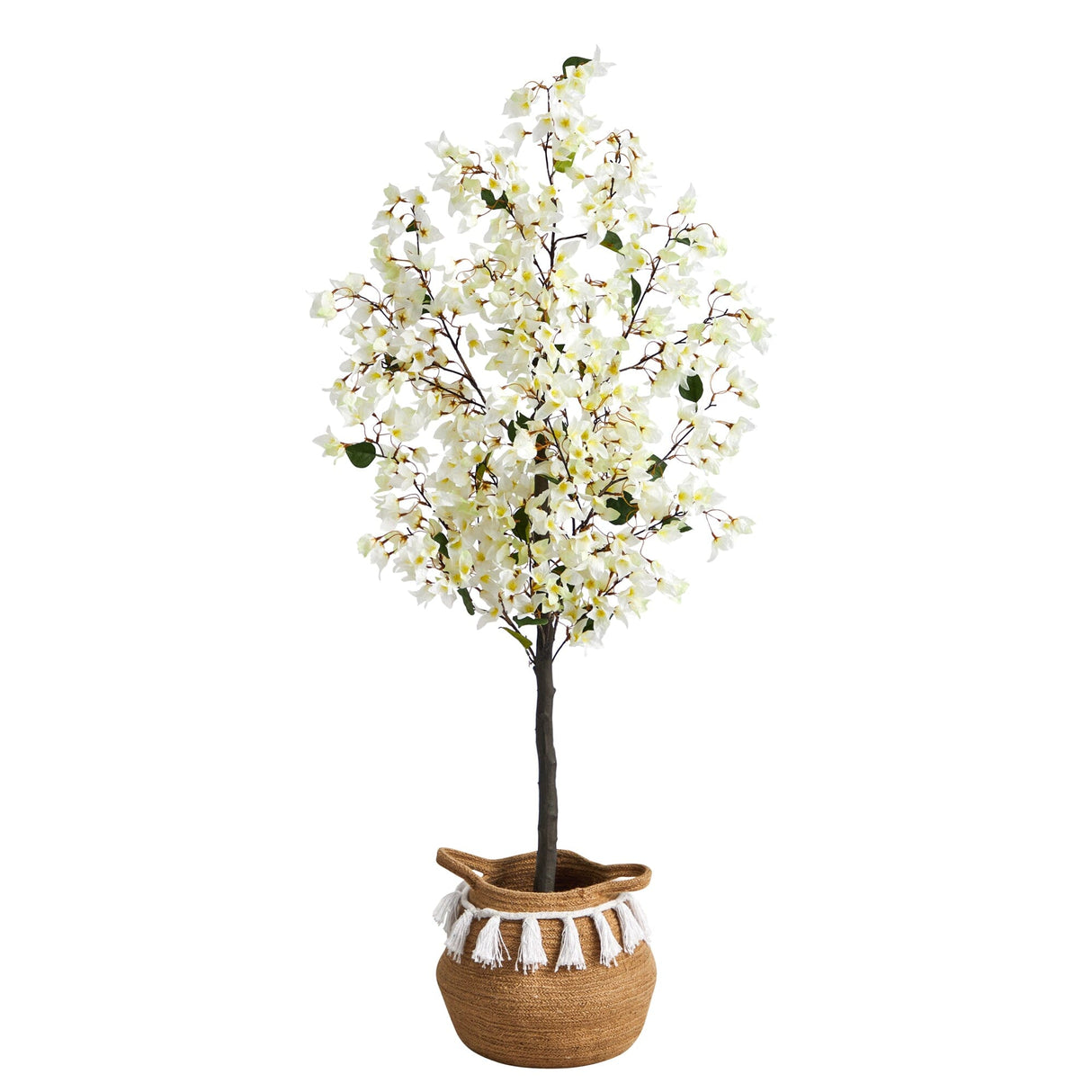 5’ Artificial Bougainvillea Tree with Handmade Jute & Cotton Basket with Tassels-Plant in Planter-Parc Decor