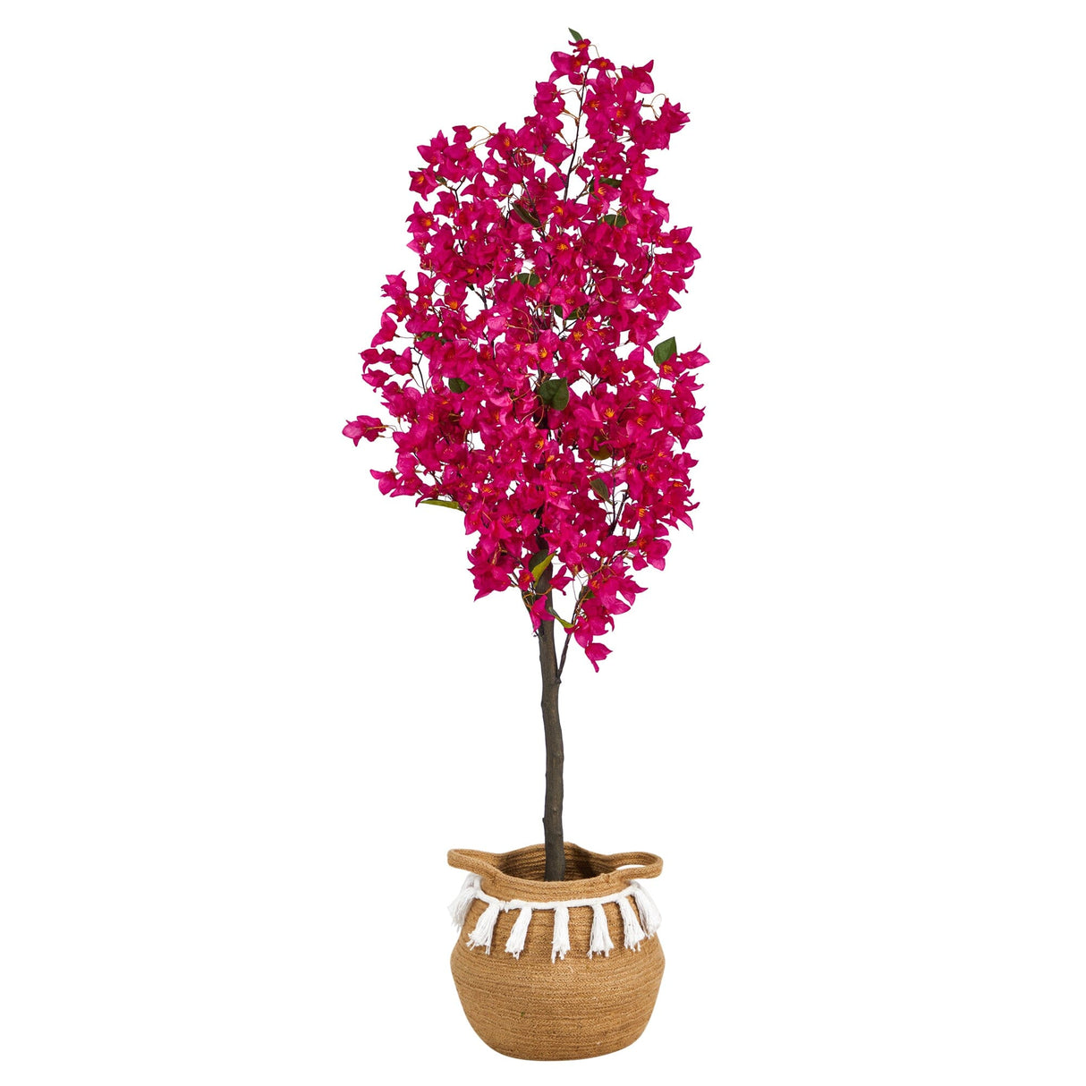 5’ Artificial Bougainvillea Tree with Handmade Jute & Cotton Basket with Tassels-Plant in Planter-Parc Decor