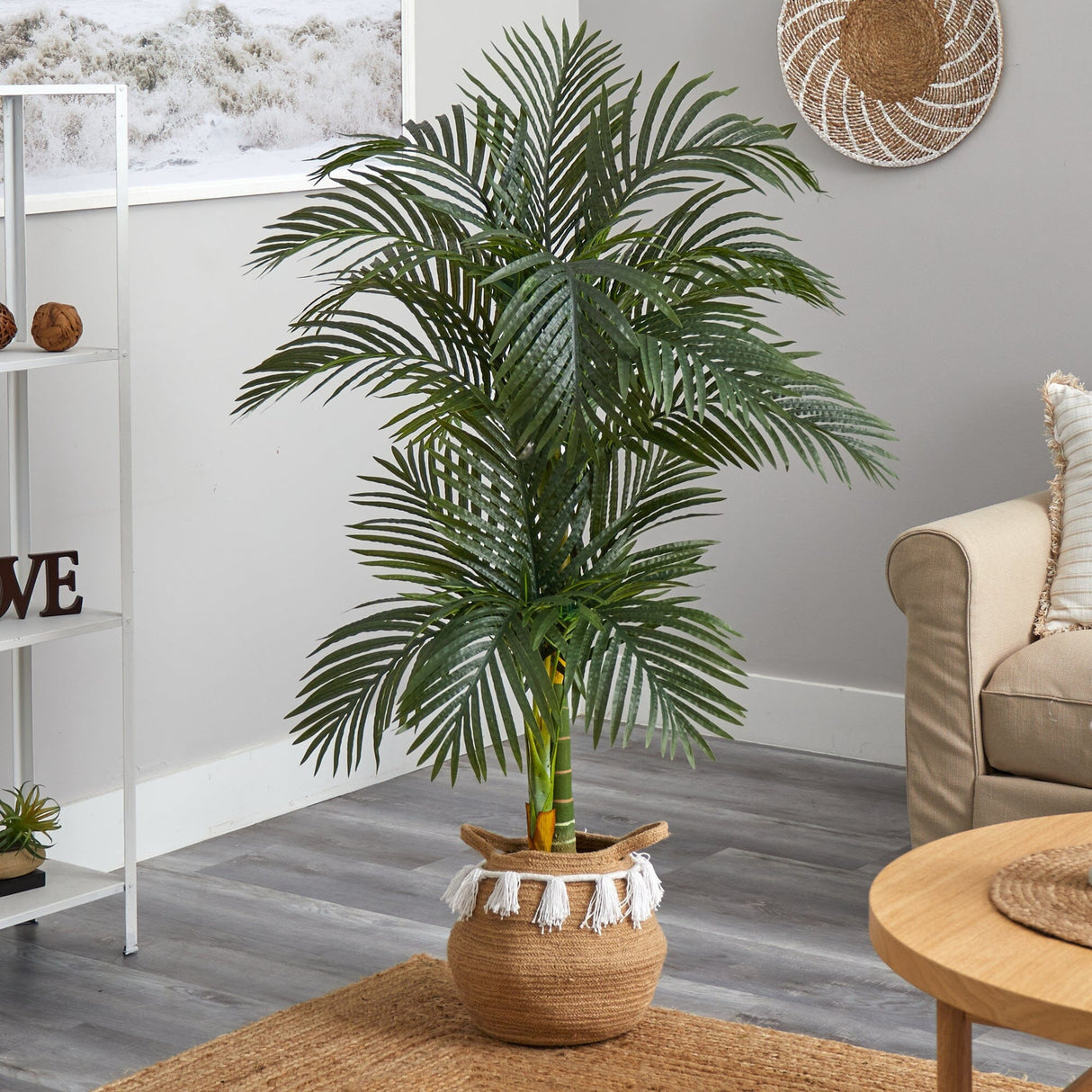 5’ Artificial Double Stalk Golden Cane Palm Tree with Handmade Woven Cotton Basket-Plant in Planter-Parc Decor