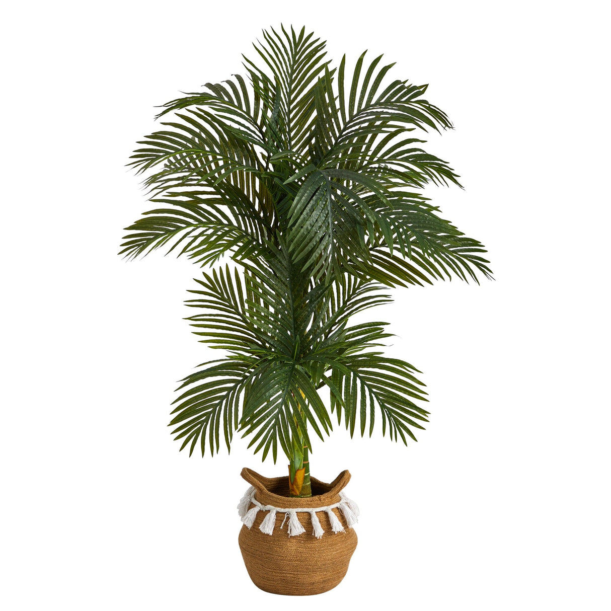 5’ Artificial Double Stalk Golden Cane Palm Tree with Handmade Woven Cotton Basket-Plant in Planter-Parc Decor