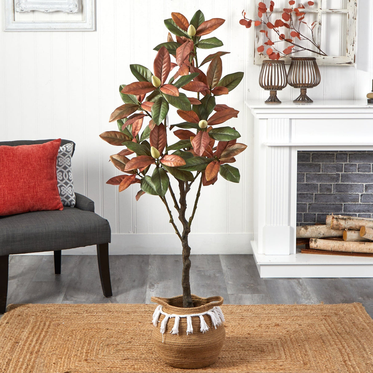 5’ Artificial Fall Magnolia Tree with Handmade Jute & Cotton Basket with Tassels-Plant in Planter-Parc Decor