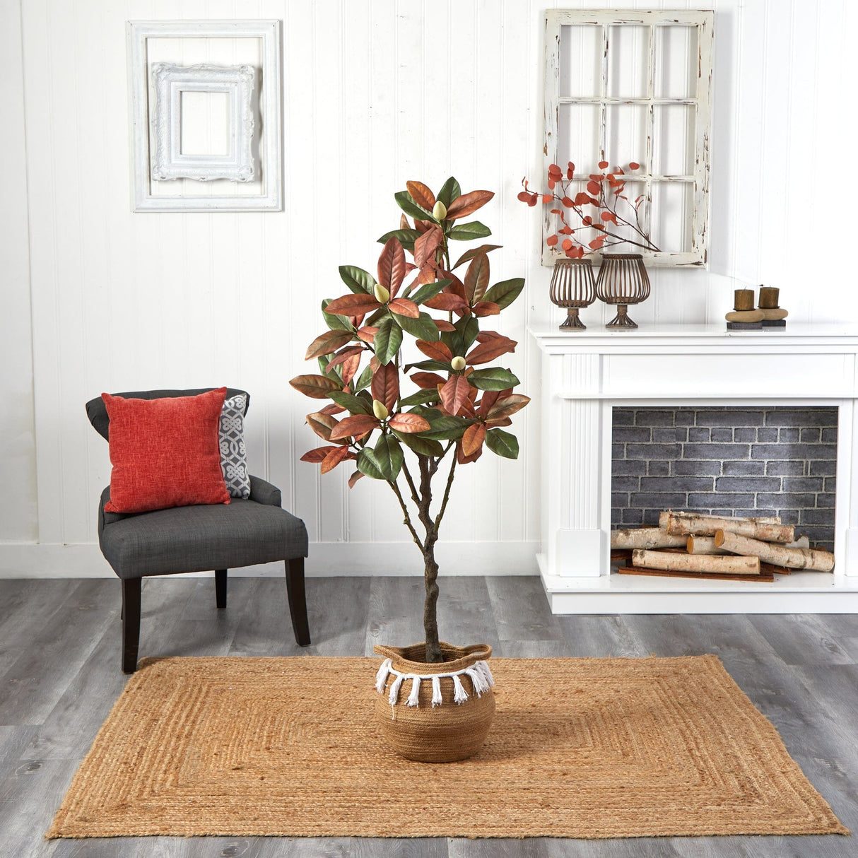 5’ Artificial Fall Magnolia Tree with Handmade Jute & Cotton Basket with Tassels-Plant in Planter-Parc Decor