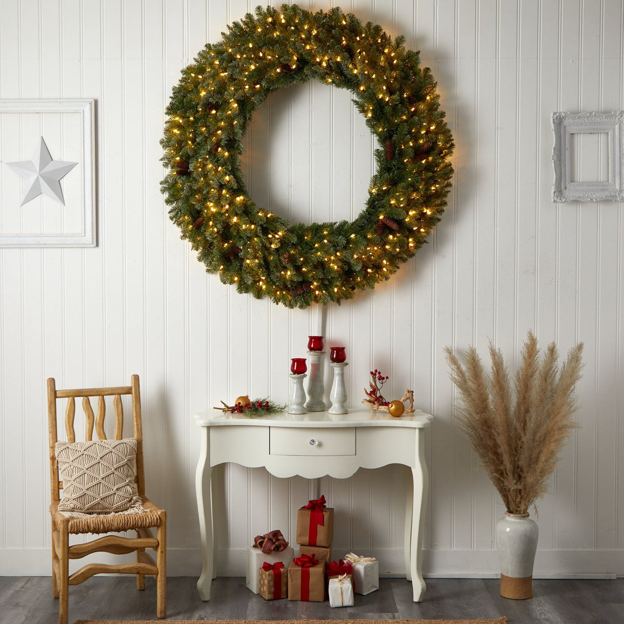 5’ Flocked Artificial Christmas Wreath with Pinecones, 300 Clear LED Lights and 680 Bendable Branches-Wreath-Parc Decor