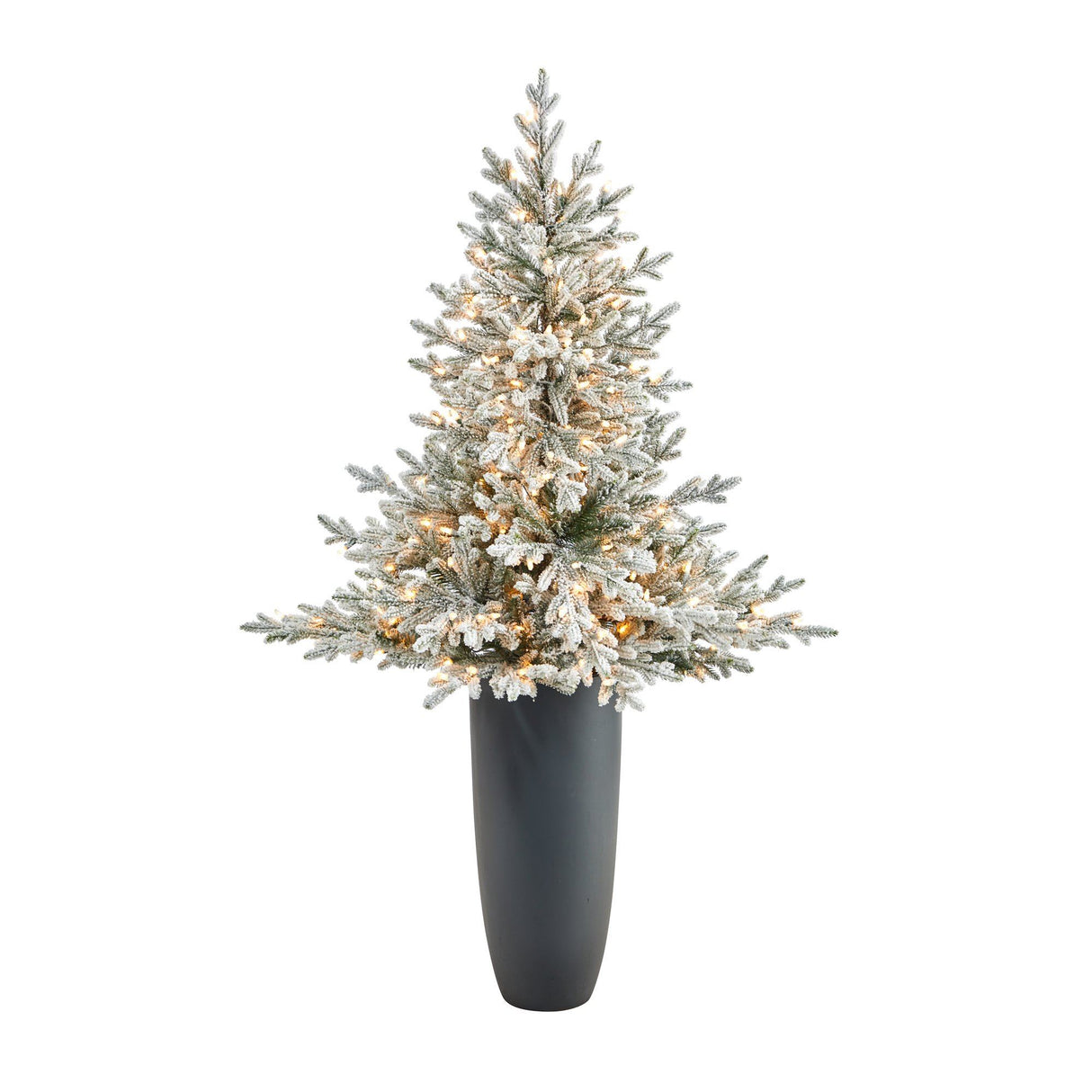 5’ Flocked Fraser Fir Artificial Christmas Tree with 300 Warm White Lights and 967 Bendable Branches in Gray Planter-Christmas Tree-Parc Decor