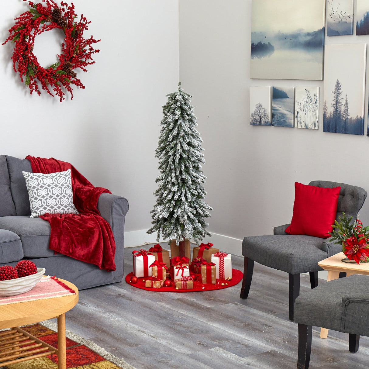 5’ Flocked Grand Alpine Artificial Christmas Tree with 200 Clear Lights and 469 Bendable Branches on Natural Trunk-Christmas Tree-Parc Decor