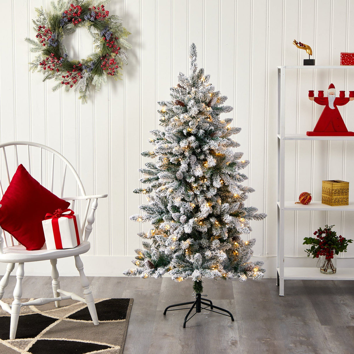 5’ Flocked Livingston Fir Artificial Christmas Tree with Pine Cones and 200 Clear Warm LED Lights-Christmas Tree-Parc Decor