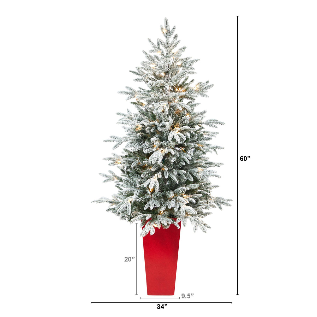 5’ Flocked Manchester Spruce Artificial Christmas Tree with 100 Lights and 357 Bendable Branches in Red Tower Planter-Christmas Tree-Parc Decor