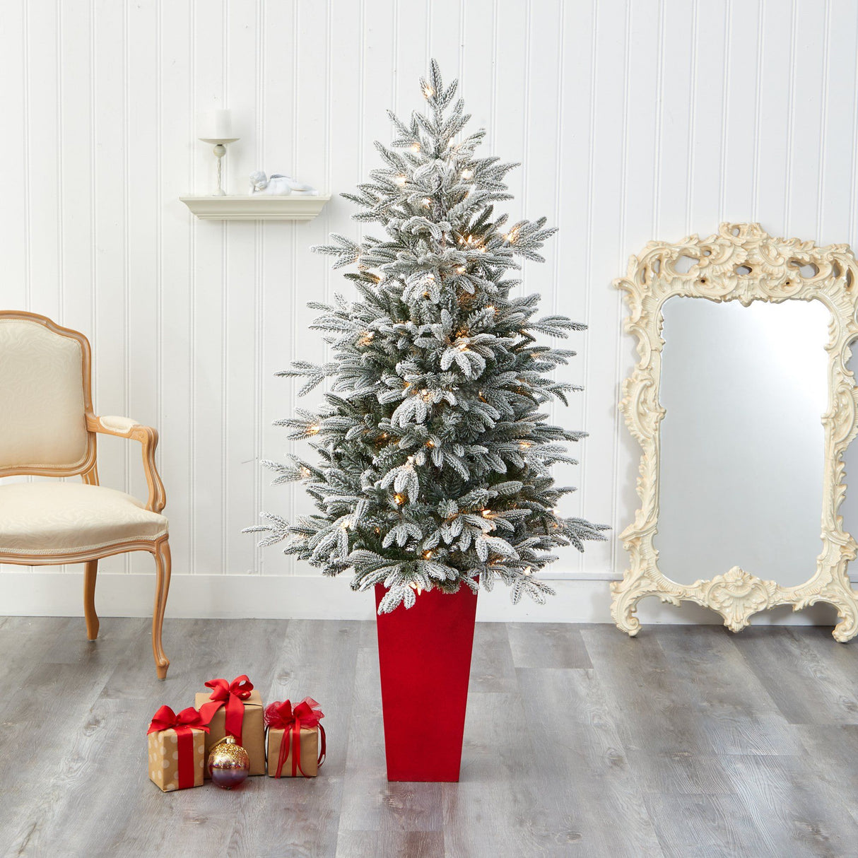 5’ Flocked Manchester Spruce Artificial Christmas Tree with 100 Lights and 357 Bendable Branches in Red Tower Planter-Christmas Tree-Parc Decor