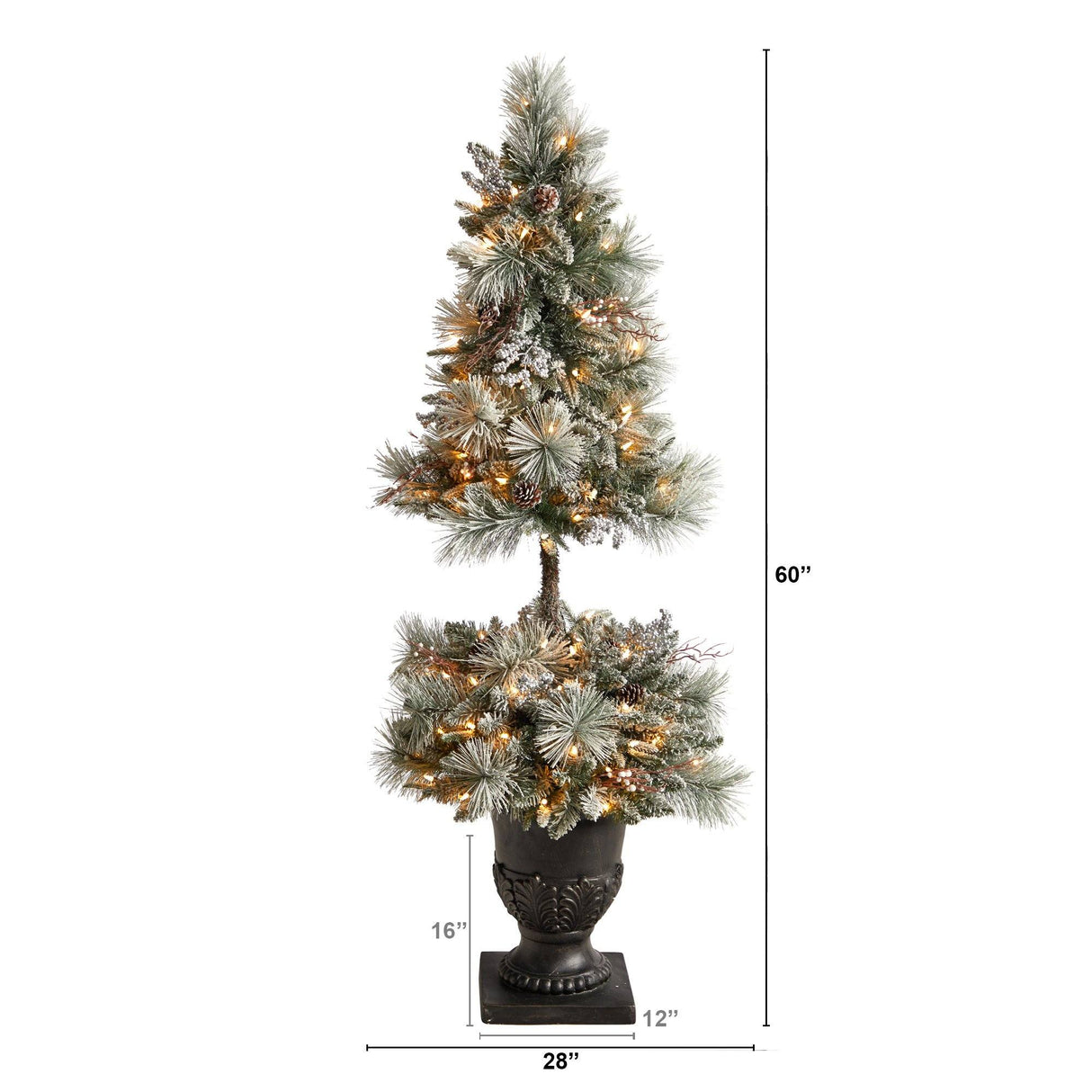 5’ Flocked Porch Christmas Tree with 100 LED Lights and 186 Bendable Branches in Decorative Urn-Christmas Tree-Parc Decor