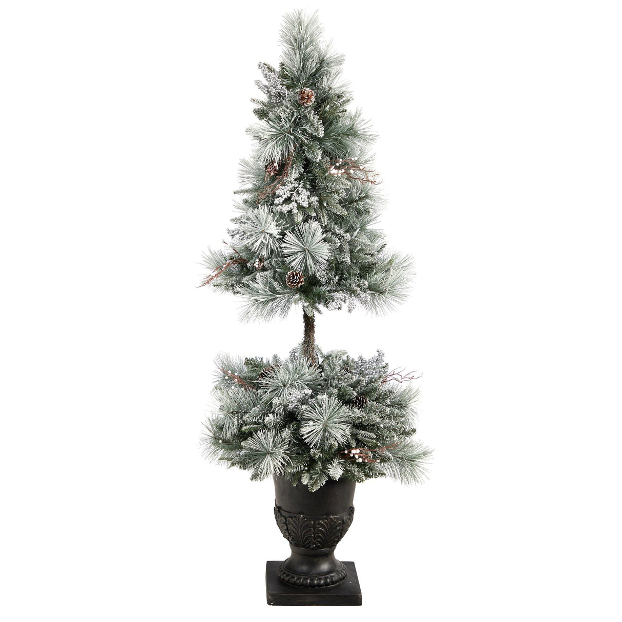 5’ Flocked Porch Christmas Tree with 100 LED Lights and 186 Bendable Branches in Decorative Urn-Christmas Tree-Parc Decor