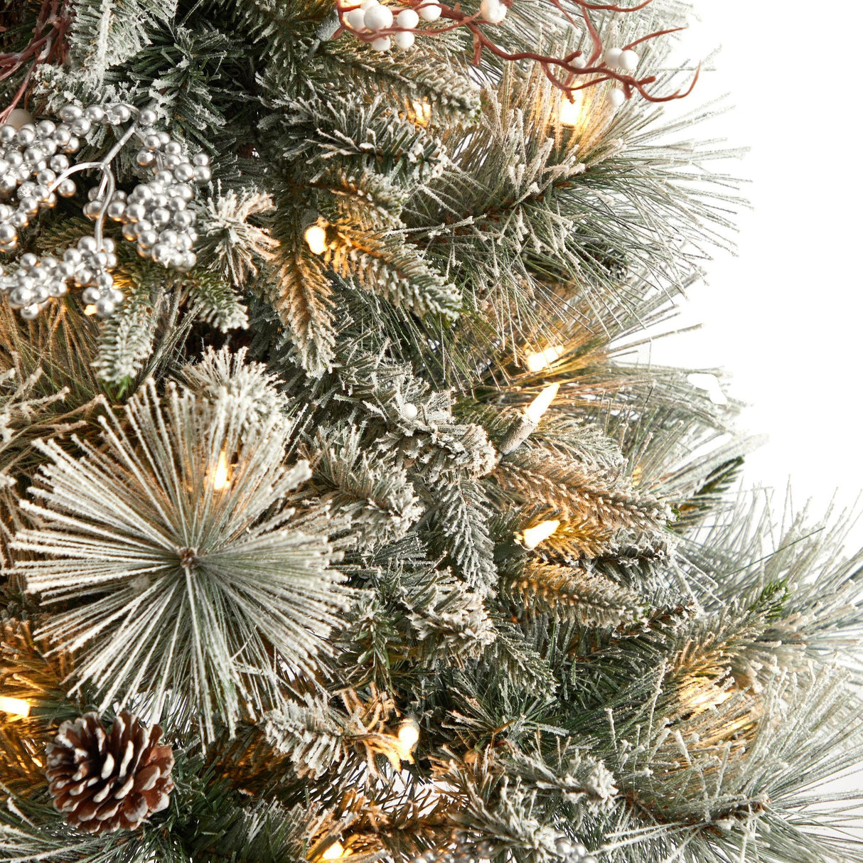 5’ Flocked Porch Christmas Tree with 100 LED Lights and 186 Bendable Branches in Decorative Urn-Christmas Tree-Parc Decor