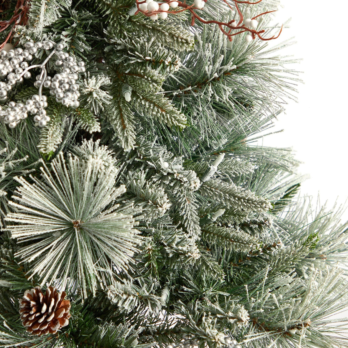 5’ Flocked Porch Christmas Tree with 100 LED Lights and 186 Bendable Branches in Decorative Urn-Christmas Tree-Parc Decor