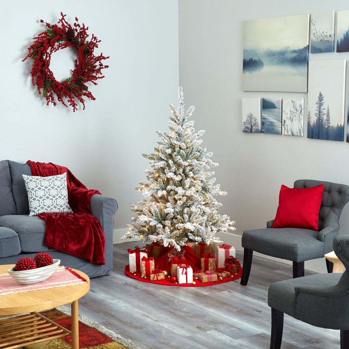 5’ Flocked West Virginia Spruce Artificial Christmas Tree with 200 Clear Lights and 604 Bendable Branches-Christmas Tree-Parc Decor