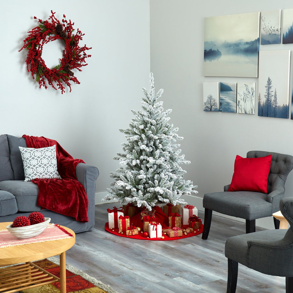 5’ Flocked West Virginia Spruce Artificial Christmas Tree with 200 Clear Lights and 604 Bendable Branches-Christmas Tree-Parc Decor