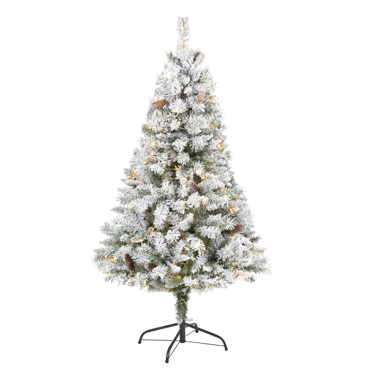 5' Flocked White River Mountain Pine Artificial Christmas Tree with Pinecones and 150 Clear LED Lights-Christmas Tree-Parc Decor