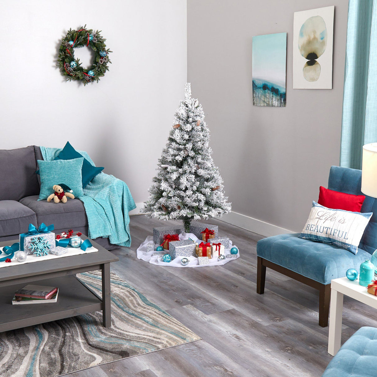 5' Flocked White River Mountain Pine Artificial Christmas Tree with Pinecones-Christmas Tree-Parc Decor