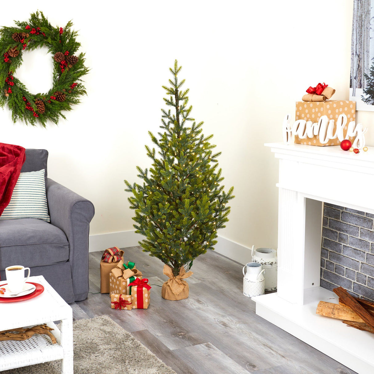 5’ Fraser Fir “Natural Look” Artificial Christmas Tree with 200 Clear LED Lights, a Burlap Base and 853 Bendable Branches-Christmas Tree-Parc Decor