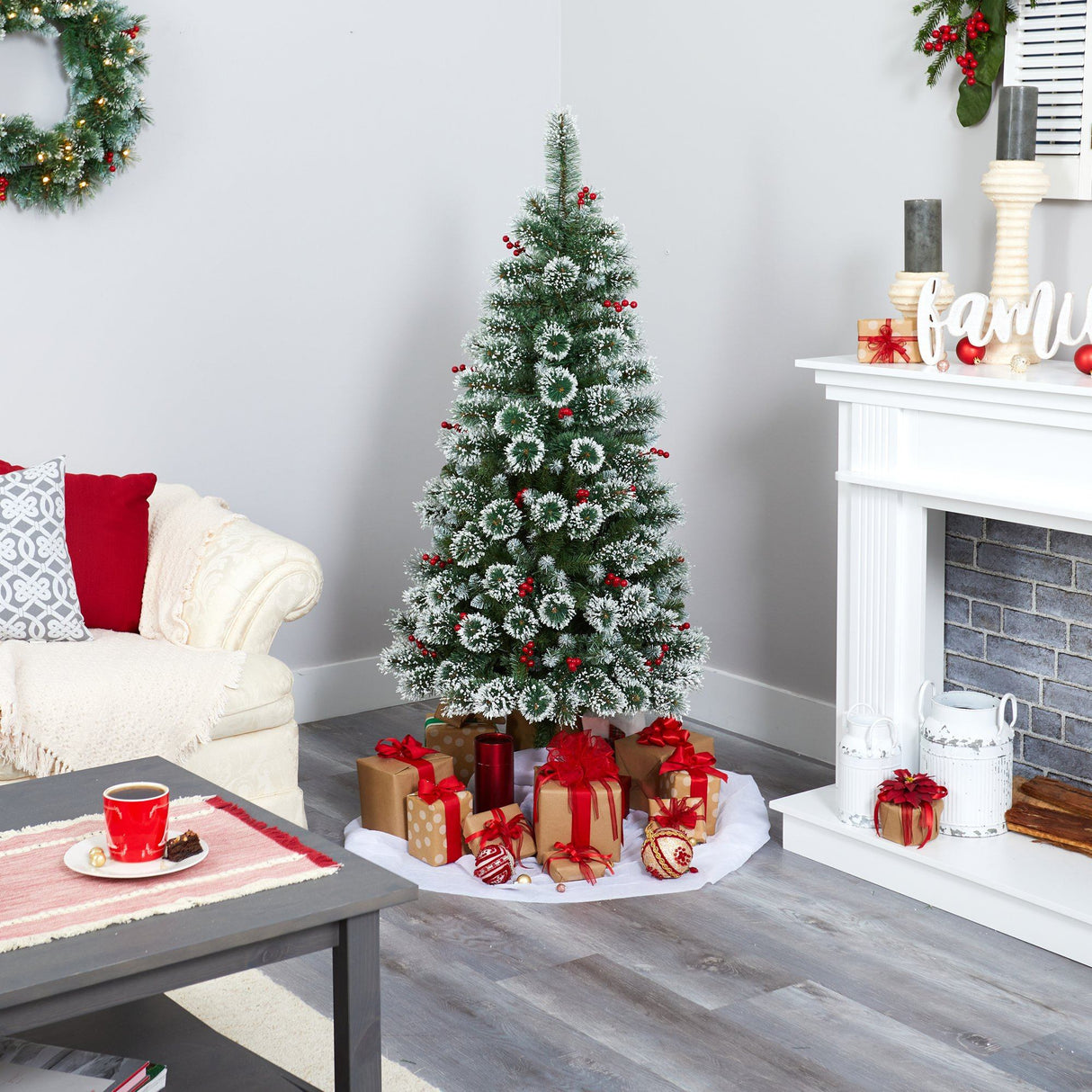 5’ Frosted Swiss Pine Artificial Christmas Tree with 200 Clear LED Lights and Berries-Christmas Tree-Parc Decor