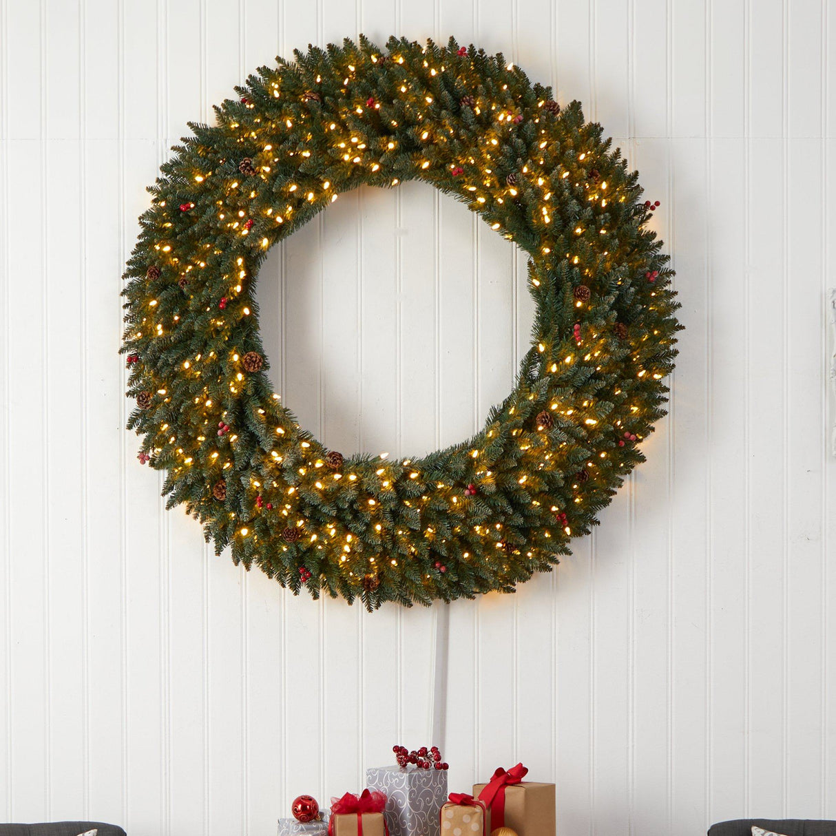5’ Large Flocked Wreath with Pinecones, Berries, 400 Clear LED Lights and 820 Bendable Branches-Wreath-Parc Decor