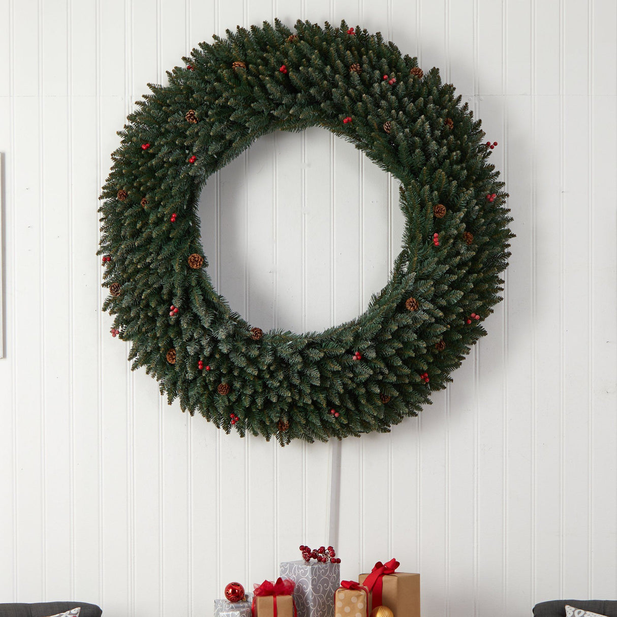 5’ Large Flocked Wreath with Pinecones, Berries, 400 Clear LED Lights and 820 Bendable Branches-Wreath-Parc Decor