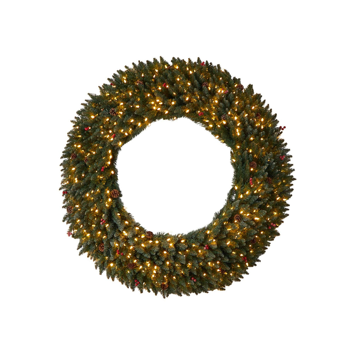 5’ Large Flocked Wreath with Pinecones, Berries, 400 Clear LED Lights and 820 Bendable Branches-Wreath-Parc Decor