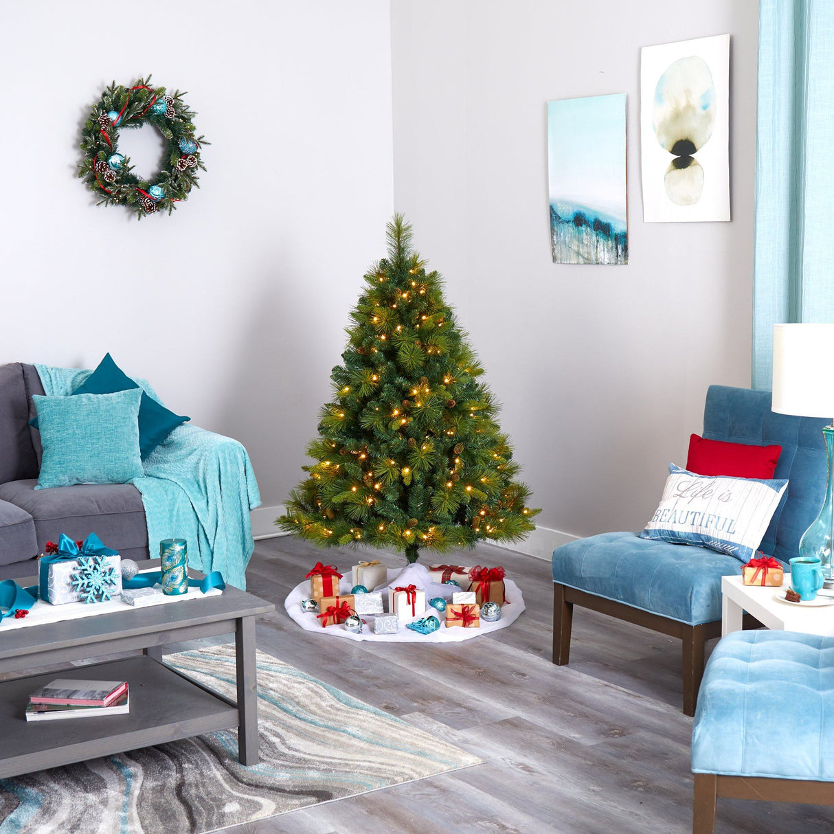 5’ North Carolina Mixed Pine Artificial Christmas Tree with 200 Warm White LED Lights, 711 Bendable Branches and Pinecones-Christmas Tree-Parc Decor