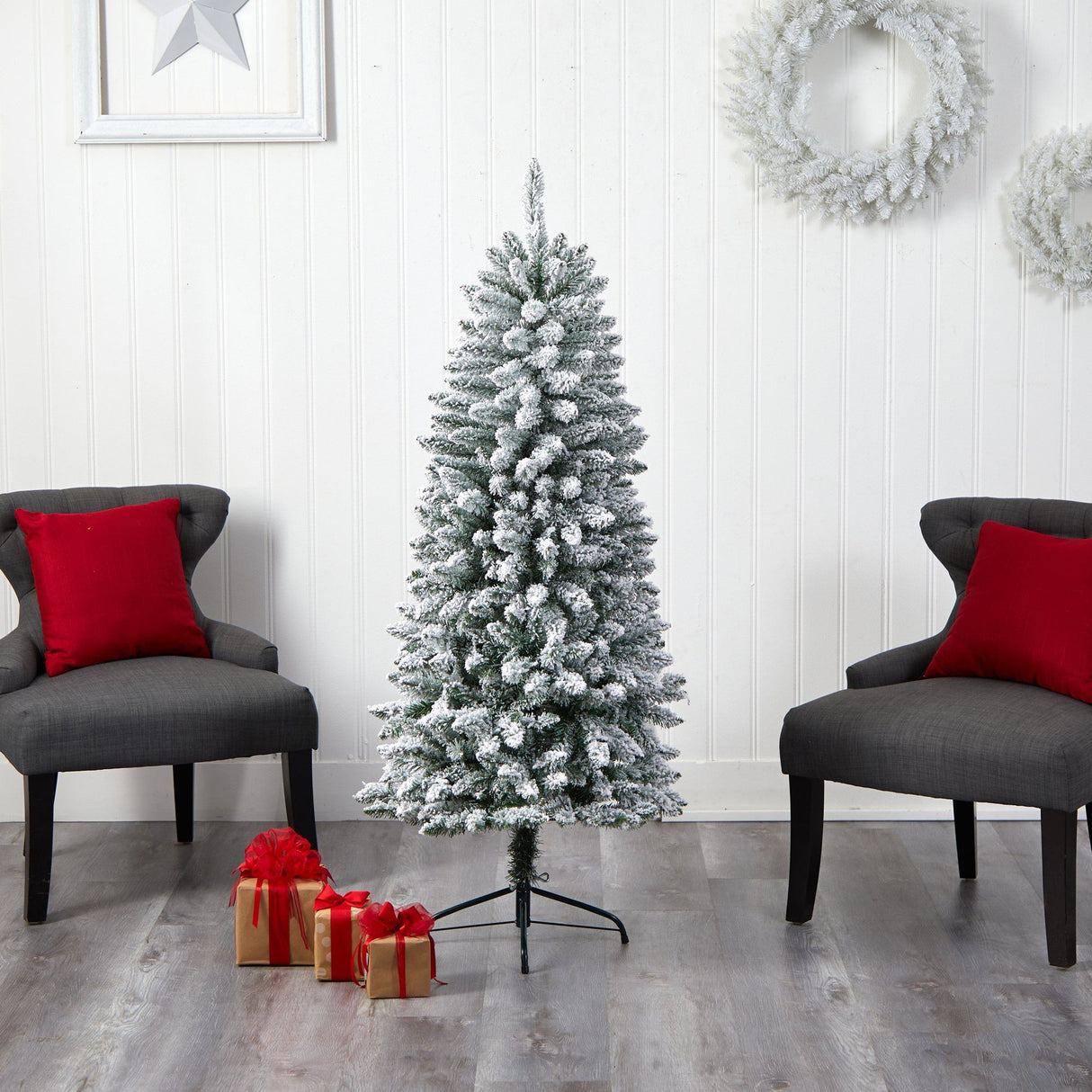 5’ Slim Flocked Montreal Fir Christmas Tree with 150 Warm White LED Lights and 491 Bendable Branches-Christmas Tree-Parc Decor