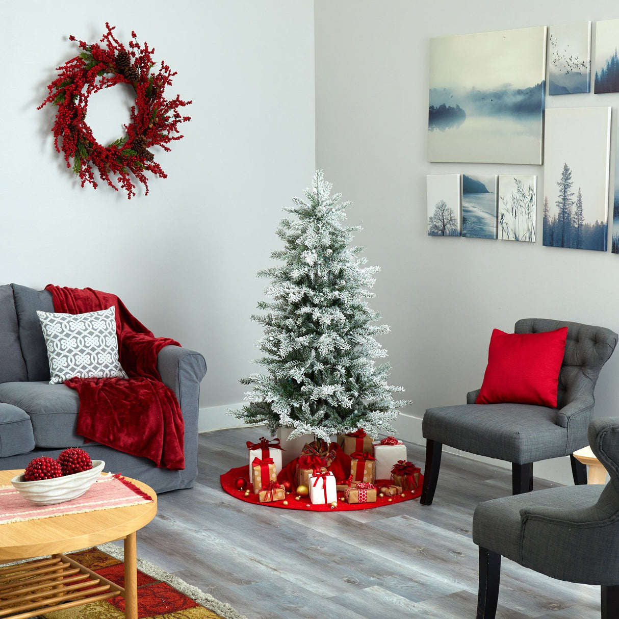 5’ Slim Flocked Nova Scotia Spruce Artificial Christmas Tree with 150 Warm White LED Lights and 433 Bendable Branches-Christmas Tree-Parc Decor