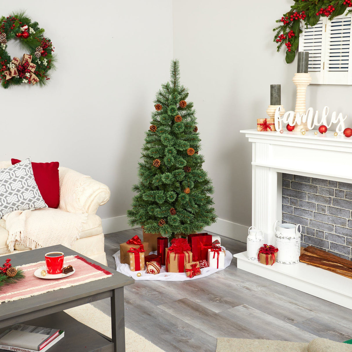 5’ White Mountain Pine Artificial Christmas Tree with 200 Clear LED Lights and Pine Cones-Christmas Tree-Parc Decor